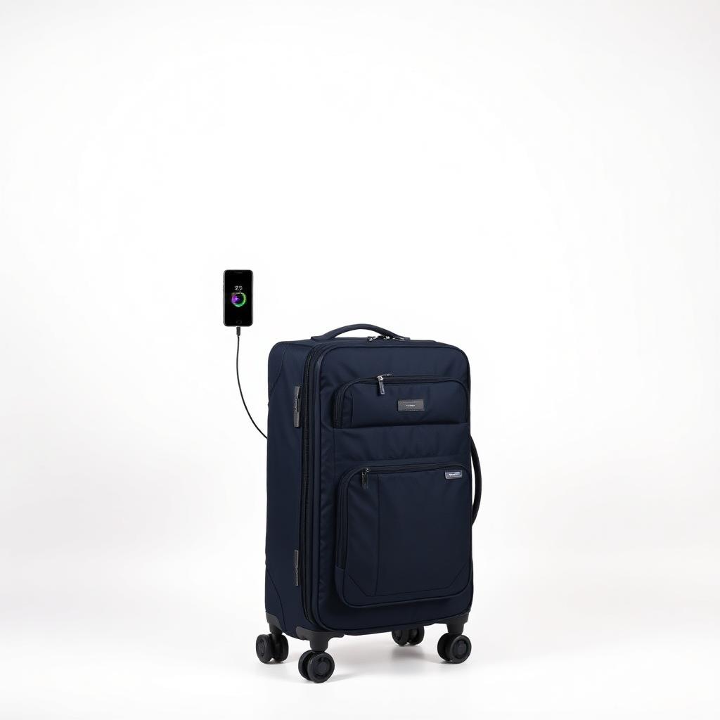 Navy softside carry-on suitcase with front pockets and external USB charging port