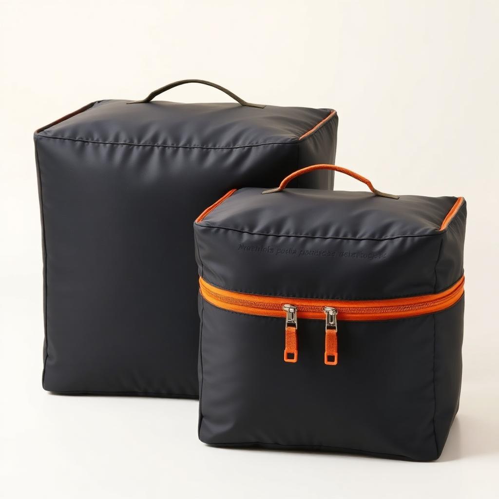 Charcoal compression packing cubes with amber double zippers, one compressed
