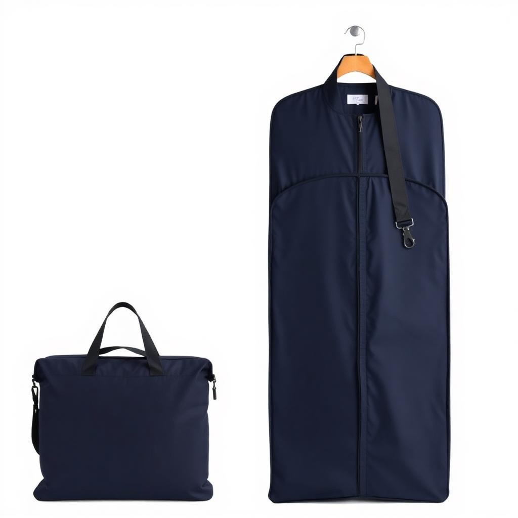 Navy foldable garment bag shown hanging full length and folded for travel