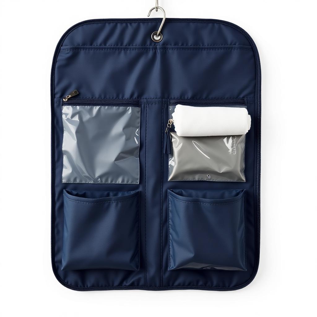 Navy hanging toiletry bag unfolded with clear pockets and swivel hook