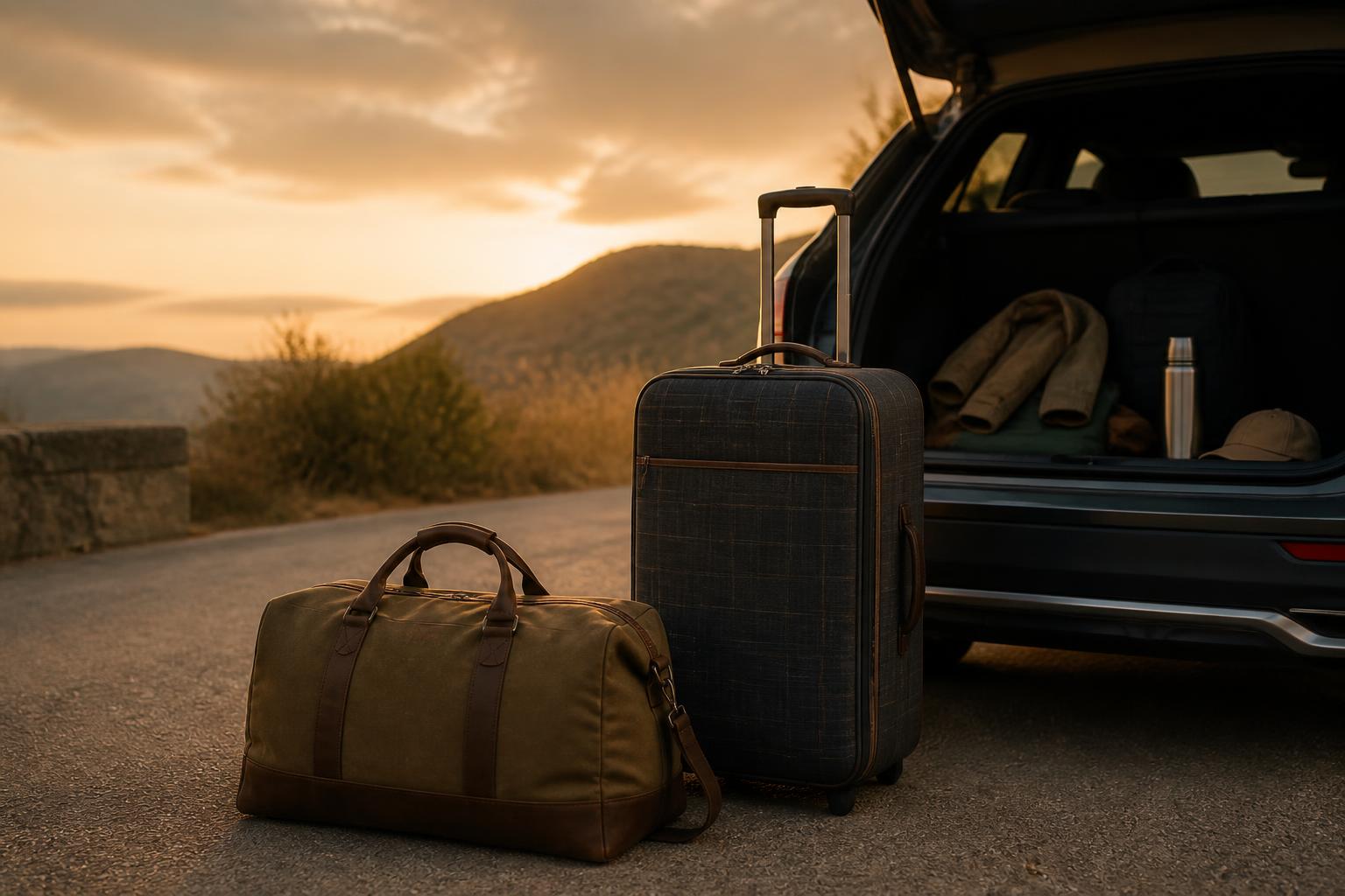 A ZD Carriers suitcase and duffel packed and ready beside a vehicle
