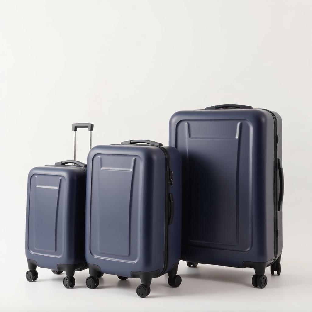 Three piece navy hardside luggage set in nesting sizes