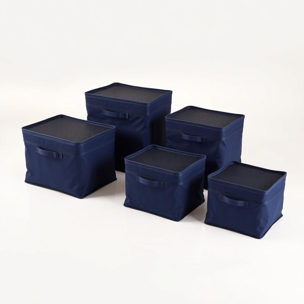 Six piece navy packing cube set with mesh tops in graduated sizes