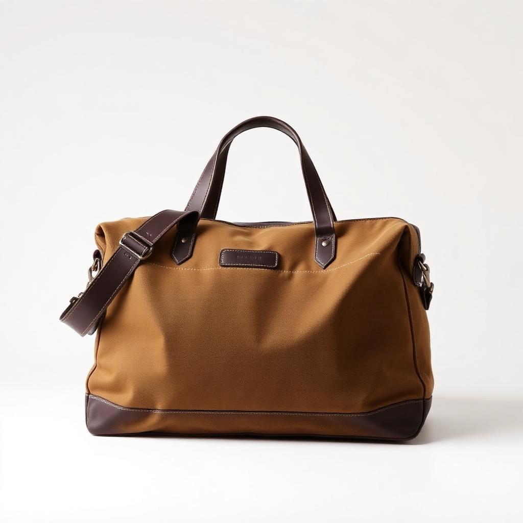Tan waxed canvas weekender duffel bag with dark leather trim and shoulder strap